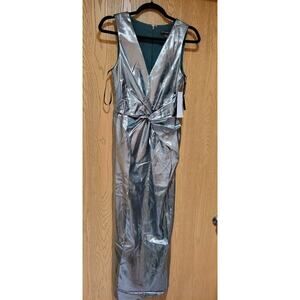 Maggy London Metallic Green Twist Front Cocktail Dress NWT Size 4 Midi Evening